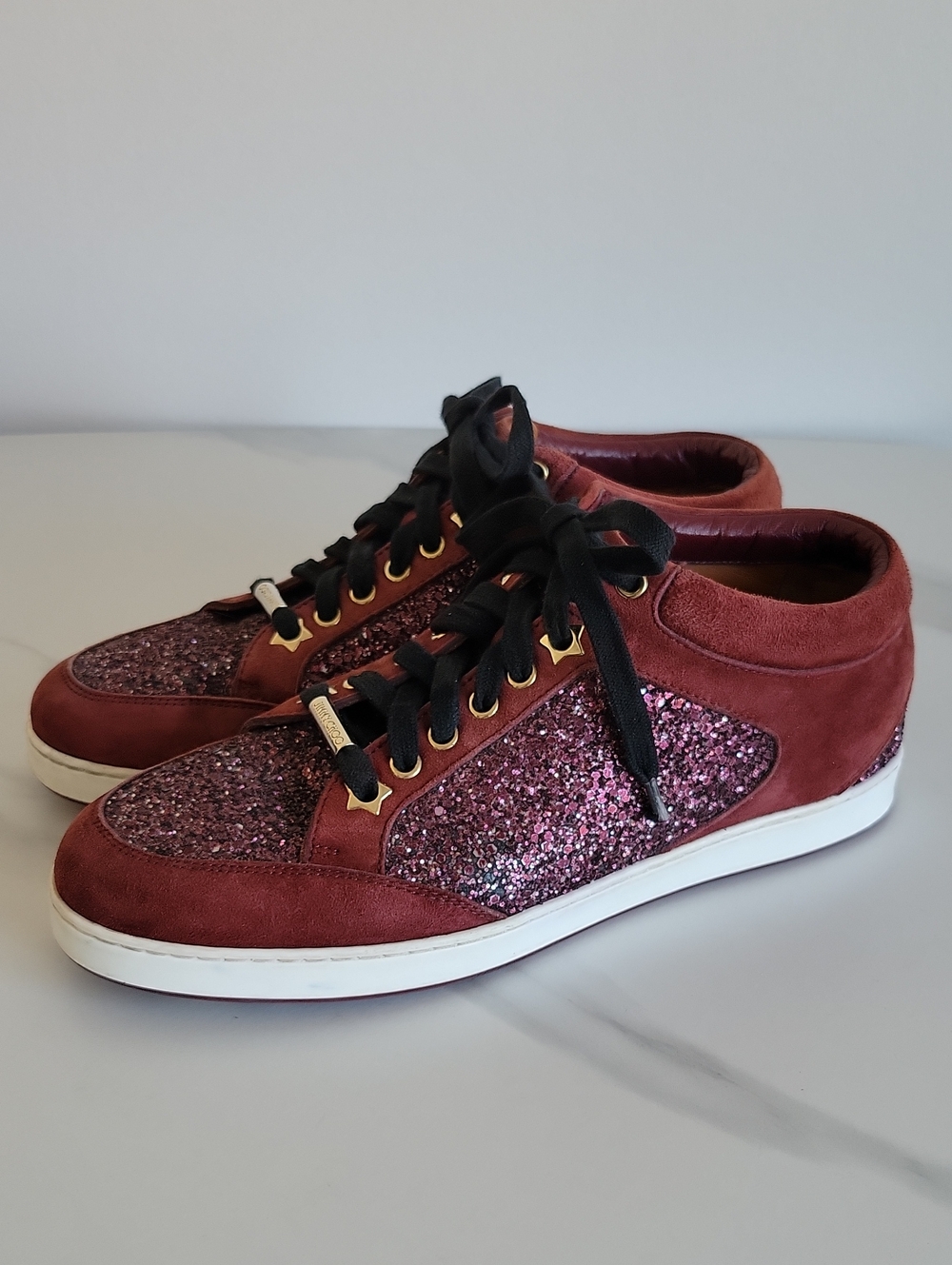 Jimmy Choo Burgundy Glitter Suede Low-Top Sneakers